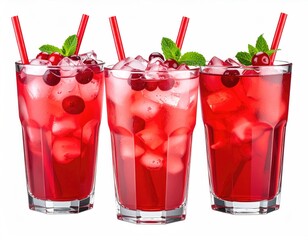 Three cranberry drinks with ice, mint, and red straws
