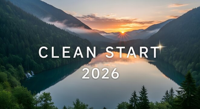 Sunrise over serene lake and forest mountains, clean start 2026
