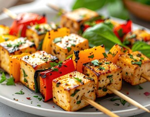 Grilled tofu & bell pepper skewers, close-up, on a plate