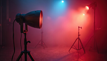 Professional studio lighting equipment creates vibrant red, blue gradient light. Spotlights on tripods illuminate smoky dark interior. Modern setup ready for photo shoot, film production, creative
