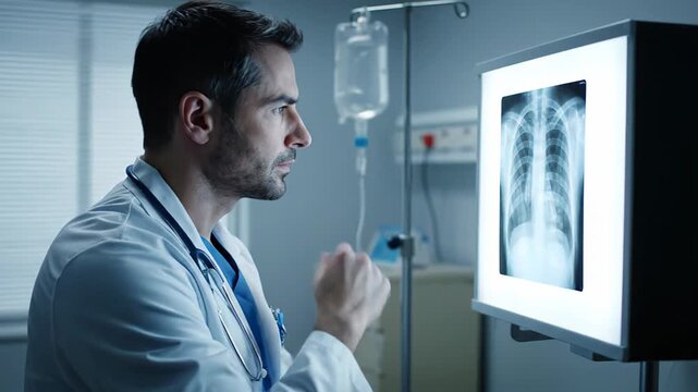 Experienced physician examining a chest x ray of a patient, meticulously searching for a diagnosis with a focused and contemplative expression in a medical facility