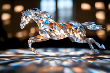 Geometric horse sculpture with blue, white and copper triangular facets galloping against dark background with bokeh lights.
