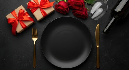 Elegant valentines day dinner setup with black plate, golden cutlery, red roses, wine, and gift boxes on a dark surface