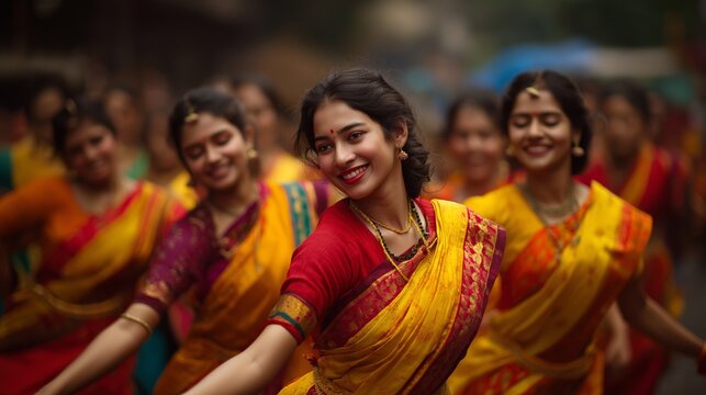 Women in traditional Nauvari sarees dance joyfully in dynamic poses during a vibrant festival celebration