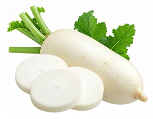 Daikon radish with green leaves & cut slices on white
