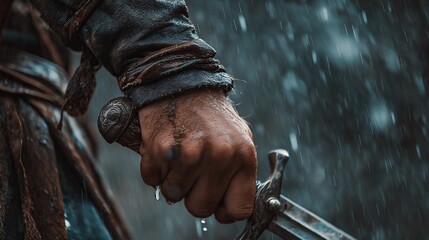 Warrior gripping sword tightly in the rain during a dramatic battle scene