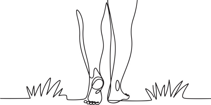 Continuous one line drawing barefoot legs seen from behind while walking. Take a leisurely walk on the grass for health. Beach. National Go Barefoot Day. one line Icon drawing