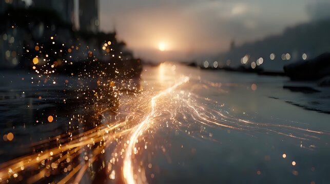 Magical sunset over water with golden light trails and sparkling particles creating dreamy atmosphere for romantic backgrounds.