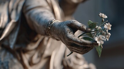 Hand offers flowers to a statue in a moment of respect and devotion during a serene afternoon