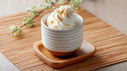 Close-up of a beautifully presented cup of creamy dessert topped with whipped cream, served on a wooden tray with floral accents