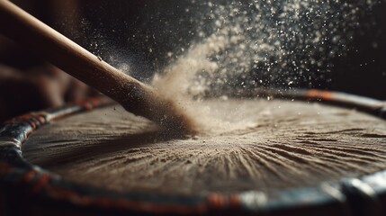 Close-up of traditional Indian drum stick striking membrane with dust particles in motion