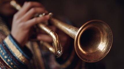 Close-up of a Tutari instrument being played, highlighting its shiny brass bell and intricate design during a musical performance