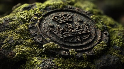 Detailed engraving of Royal Seal Rajmudra on mossy stone, showcasing ancient artistry and historical significance in high resolution