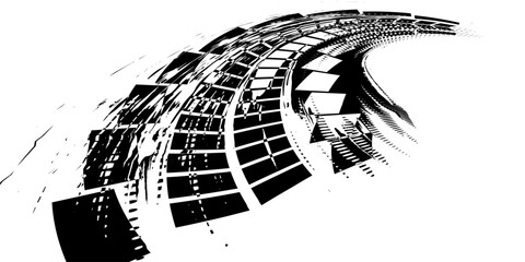 Black tire marks on a white background with a worn effect and splashes of dirt. Vector isolated texture .Tire tracks background for rally, drift, motocross, off-road and other auto and motorsport. © Eka