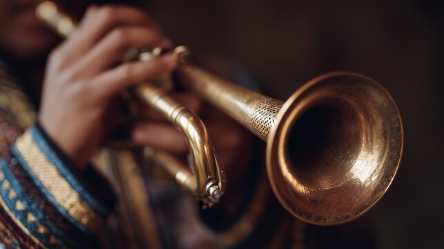 Close-up of a Tutari instrument being played, highlighting its shiny brass bell and intricate design during a musical performance