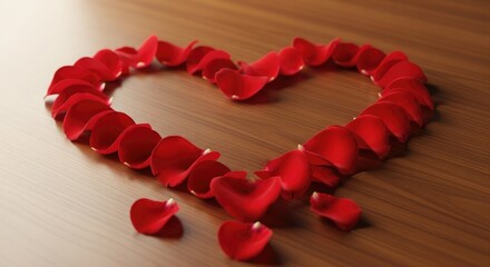 Valentine Day Heart shape made from red rose petals on wood table .Love, valentine, love, romance, romantic,