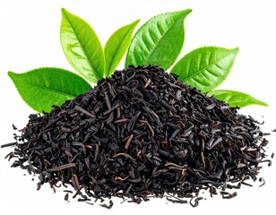 Heap of dark tea leaves with bright green leaves