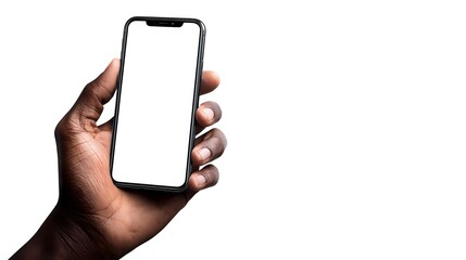 African American hand holding modern smartphone with blank white screen isolated on white background. Perfect for app or website mockup.