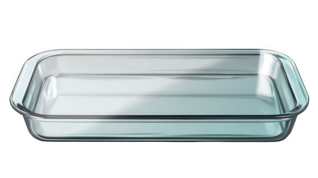 A clear rectangular glass baking dish with rounded corners isolated on a black background studio shot on transparent background