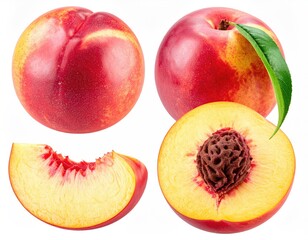 Four peaches whole, sliced, and halved showing pit