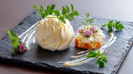 Creamy vanilla ice cream served on a slate plate with a floral cake and mint garnish for a delightful dessert presentation