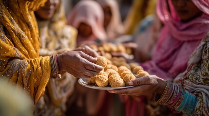 People happily share pedha sweets during a vibrant festival celebration in the community