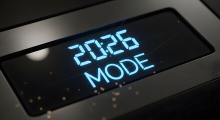 Digital display shows 2026 mode with glowing blue text and bokeh effects