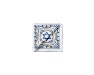 White linen challah cover with blue and gold star of david design on transparent background for shabbat