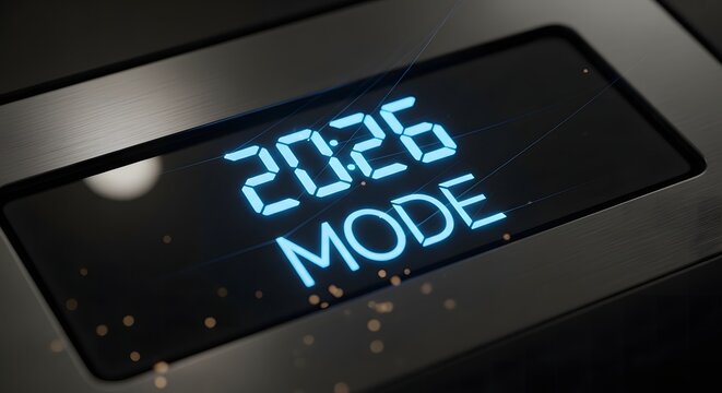 Digital display shows 2026 mode with glowing blue text and bokeh effects