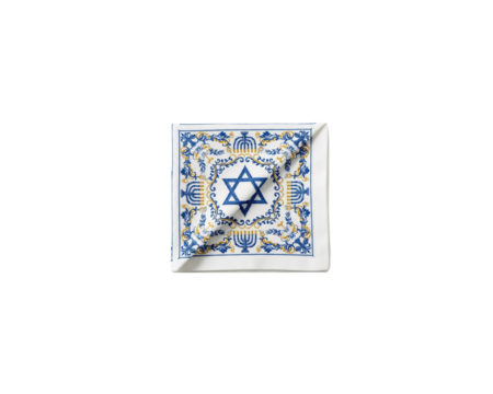 White linen challah cover with blue and gold star of david design on transparent background for shabbat - Powered by Adobe