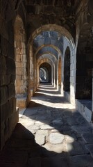 Sunlight illuminating ancient stone arches in a historic fort, creating dramatic shadows and showcasing architectural elegance