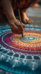 Close-up of hands skillfully creating a colorful rangoli design with intricate patterns