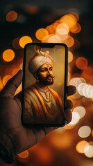 Mobile screen displaying a Shivaji Jayanti greeting held by a hand with festive lights in the background