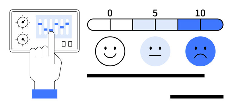 Hand operating control panel, satisfaction scale with numerical and facial feedback happy, neutral, sad faces. Ideal for feedback, user experience, satisfaction rating, survey, usability