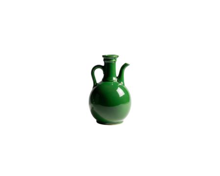 Green ceramic pitcher with a smooth, glossy finish, featuring a round body and a slender spout, minimalist design
