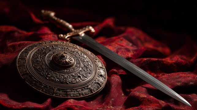 Traditional Talwar sword and ornate shield on red velvet with dramatic lighting highlighting details of bravery