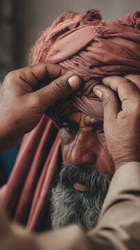 Man ties Pheta turban as a cultural tradition between friends, showcasing the bond and identity in a vibrant setting