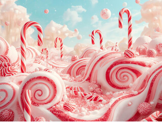 Naklejka premium Dreamlike candy land filled with towering candy canes and swirling sweets in a sugary paradise