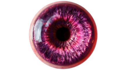 A glowing purple eyeball with dark edges isolated on a plain background, a supernatural violet iris looking forward, a magic fantasy eye, a scary horror vision object with intense color.
