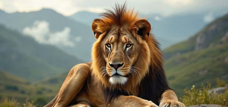 Close up photo of a majestic lion resting. The big cat with a lush mane looks at camera. The animal is in its natural environment against blurred mountain background.