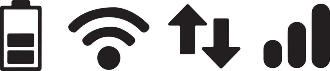 Four black icons representing battery, wifi, data transfer, and signal strength on a white background Keywords: battery icon, wifi icon, signal