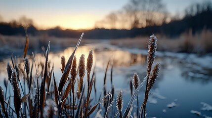 Fototapeta premium Frozen cattails along icy pond at sunset with golden light illuminating winter landscape, creating serene natural atmosphere.