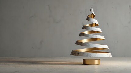 Modern minimalist Christmas tree made of spiral gold and white elements on wooden base against textured gray wall, creating elegant holiday decor.