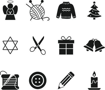 Festive holiday and crafting icons set, black silhouette designs isolated on a white background