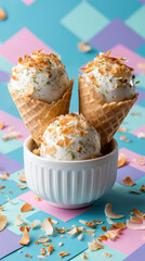 Three scoops of coconut-flavored ice cream topped with toasted coconut flakes, served in waffle cones on a colorful geometric background