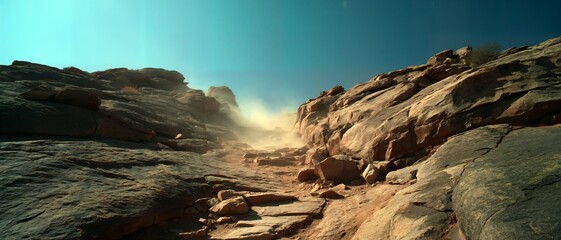 Panoramic landscape of a rice field and a hut under a surreal pink geometric cloudscape