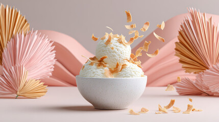 Creamy coconut ice cream topped with coconut flakes surrounded by pink decorative elements on a soft pastel background