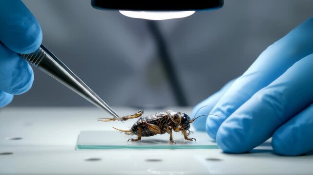 Scientist Examines a Cricket Specimen Under a Microscope With Tweezers