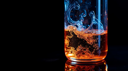 Close up of glass container with swirling orange liquid and bubbles creating dynamic abstract patterns with glowing reflections