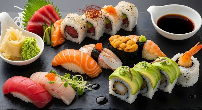 Assortment of fresh sushi and sashimi served on a dark plate with soy sauce - Powered by Adobe
